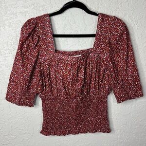 Cottagecore Milkmaid Peasant Top Sz Med Red Floral Puff Sleeves Smocked Coquette